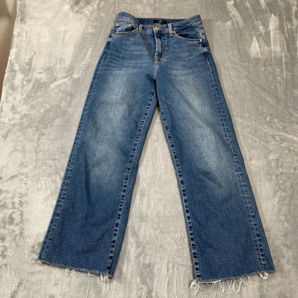 7 For All Mankind Womens Jeans Size 25 Wide Leg High Rise Raw Hem Blue